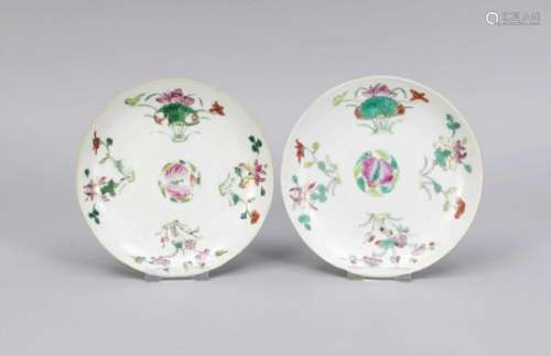Pair of famille rose plates, China, 19th cent. (Daoguang). In the mirror polychrome enamelpainting