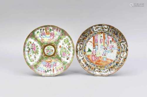 Pair of famille-rose plates, China (Canton), 19th cent., polychrome enamel and golddecoration.