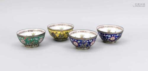 4 bowls with silver mountings, China, circa 1900. Printed polychrome decoration. In themirror