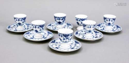 7 egg cups with 6 saucers, Royal Copenhagen, late 20th century, muslin colored half-lacein