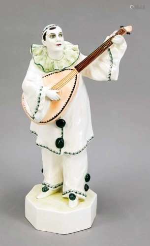 Standing Pierrot with lute, Goldscheider Vienna, signed, Padola (i.e. Czapek Stanislaus?)In an