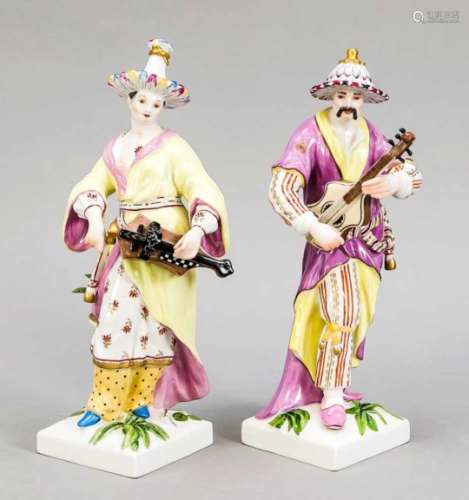 Pair of exotic figurines, KPM Berlin, marks 1962-1992, 1st quality, a Malabarin withhurdy-gurdy,