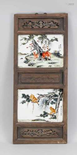 Wall panel with two porcelain plates, Bi Yuanming (1907-1991), China, enamel painting,above deer and