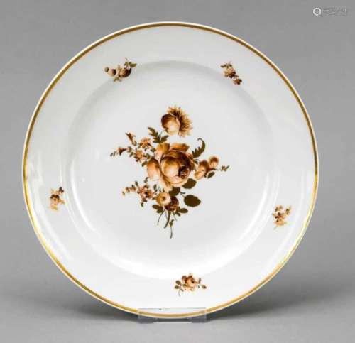 Plate, Meissen, mark 1850-1924, 1st quality, rose painting in brown, gold rim, Ø 24 cmTeller,