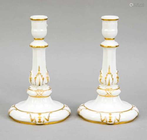 Pair of candlesticks, KPM Berlin, mark before 1962, 1st quality, red painters mark, curvedshaft on