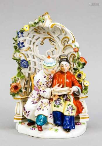 Japanese coule seated within a pierced and flower-encrusted arbour, Meissen, mark after1934, 1st