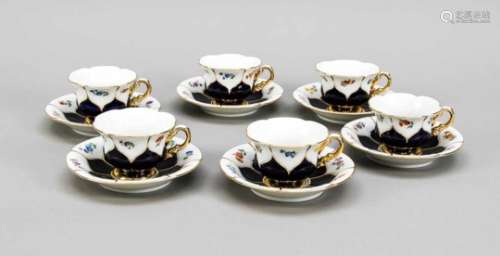 Six splendid mocha cups with saucers, Meissen, 1950s, 1st quality, Form B, model no. B156,