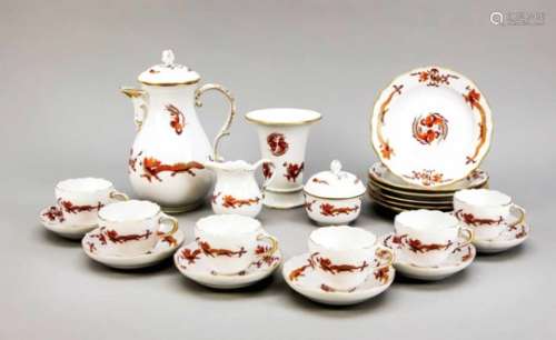 Coffee service for 6 people, 22 pieces, Meissen, around 1980, 1st quality, new cut, reddragon decor,