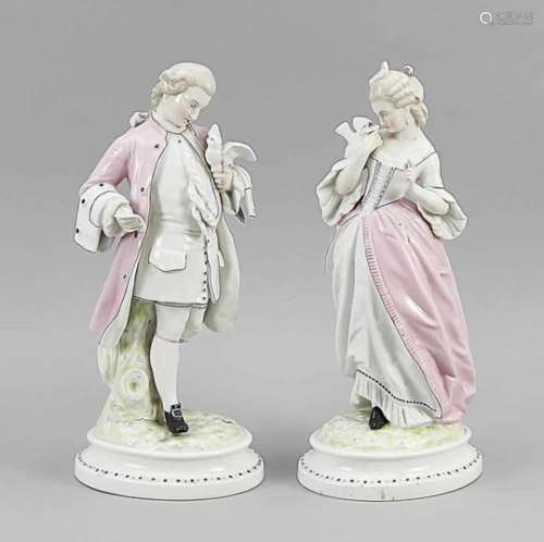 Pair of pendant figures, Helena Wolfsohn, Dresden, 1875-1883, lovers with elegant Rococolady,