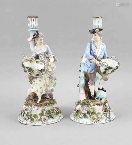 Pair of pendant candlesticks, Sitzendorf, Thuringia, 20th century, elegant gardener coupleon round