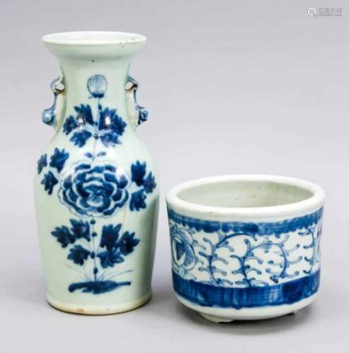 Vase and small cachepot / incense burner, China, 18/19th c. White-blue decors withtendrils and