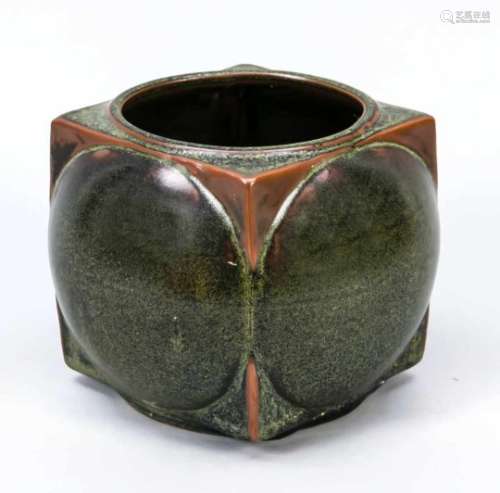 Vase mit Teedust-Glasur, Japan?, 20. Jh., Würfel und Kugel ineinandergeschoben, leichterhabener