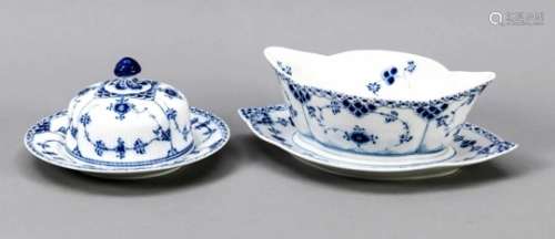 Butter dish and sauce boat, Royal Copenhagen, marks after 1923, 1st quality, decor BlueFluted half