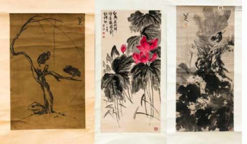 3 Bildrollen, Asien, 20. Jh., verschiedene Motive, Breite im zusammengerollten Zustand bis67 cm