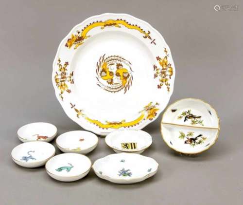 Seven pieces of Meissen, various marks, including knob period, mostly 1st quality,polychrome