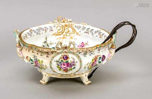 Decorative bowl, late 19th century, Meissen imitation mark, bowl w. side handles on 4feet,