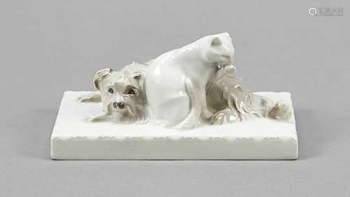 Art Nouveau paperweight, KPM Berlin, year letter for 1911, 1st quality, lying dog, next tohim a