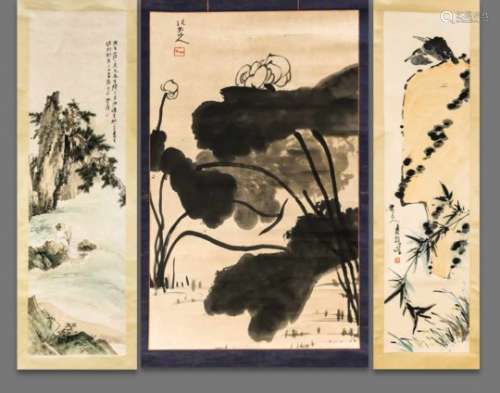 3 Bildrollen, Asien, 20. Jh., verschiedene Motive, Breite im zusammengerollten Zustand bis63 cm