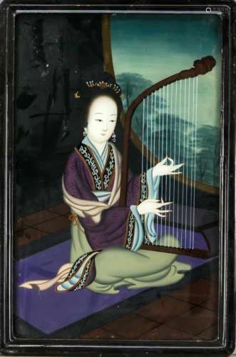 Hinterglasbild, China, um 1920. Harfe spielende junge Frau mit Ausblick ins Grüne. HinterGlas mit