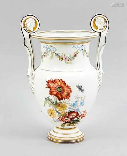 Vase, KPM Berlin, 19th century, 2nd selection, crater shape, raised volute handles w.profile