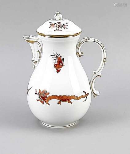 Coffee pot, Meissen, mark 1950s, 1st quality, shape new cut, red yard dragon decor, goldscaled, min.