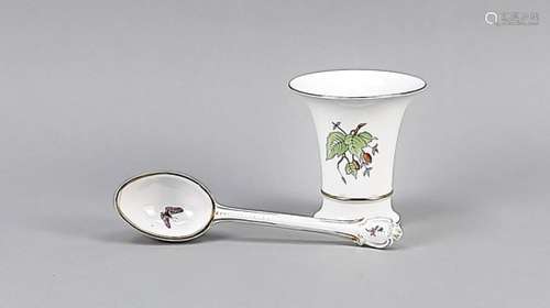 Vase and porcelain spoon, 20th century, vase, Herend, polychrome painted with rosehipbranch, gold