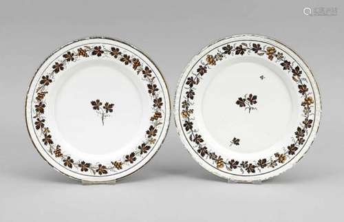 Two plates, Fürstenberg, 18th, c., Decor with vines in brown, floral relief border, goldrim,