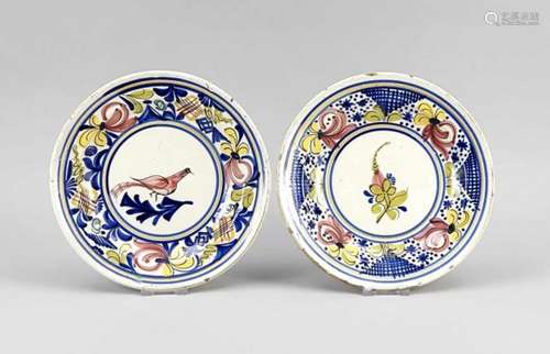 Two plates. Faience, presumably 19th cent. Beiger stoneware, polychrome floral painting,1x in the