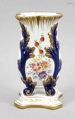 Vase, France, 20th century, Sevres imitation mark, cup shape on four volute feet andconcavely curved