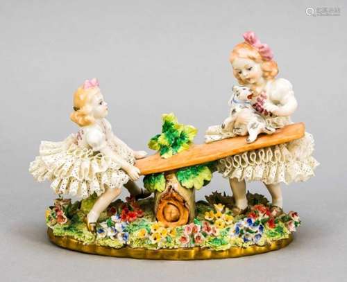 Group of figures, Sitzendorf, Thuringia, 20th century, two girls with a dog on a seesaw,pedestal