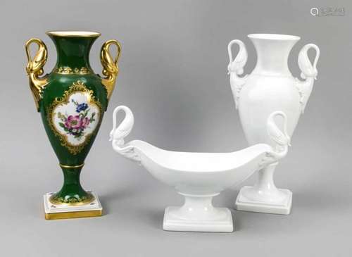 Decorative set, 3 pieces, Kaiser, Staffelstein, Bavaria, 20th century, 2 vases with raisedswan