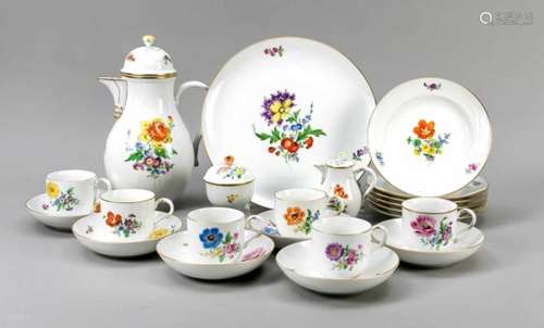 Coffee service for 6 people, 22 parts, Meissen, 1950s, 2nd quality, polychrome paintingwith flower