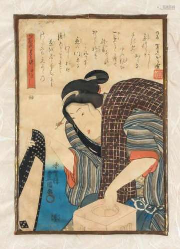 Farbholzschnitt, Japan, 19. Jh., wohl eine Schauspielerin des Kabuki-Theaters, hinter Glasgerahmt