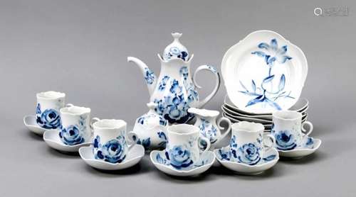 Mocha service for 6 people, 21 pieces, Meissen, around 1980, 1st quality, large cutoutdesign, design