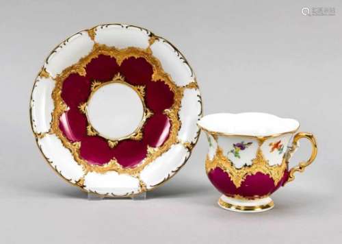 Splended cup with saucer, Meissen, mark 1972-80, 2nd quality, B-shape, polychrome paintedwith