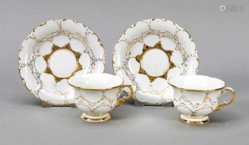 Two mocha place settings, Meissen, mark for 1957-72, 2nd quality, B-shape, white,gold-plated, cup
