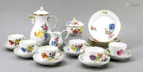 Coffee service for 6 people, 21 pieces, Meissen, after 1970, deputat, shape new cutout,polychrome