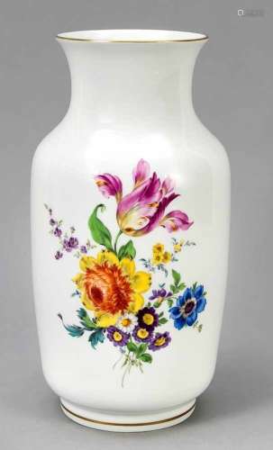 Large vase, Meissen, mark 1970s, 1st quality, polychrome flower painting on both sides,gold rim,