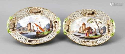 A pair of basket bowls, around 1900, Carl Teichert, city of Meissen, polychrome paintingwith