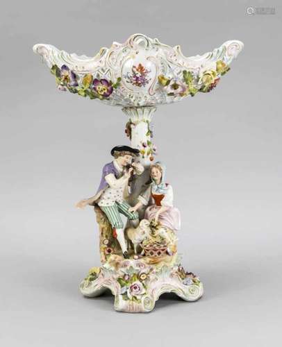 Large table centrepiece, Sitzendorf, Thuringia, mark 1887-1995, pair of shepherds withflute,