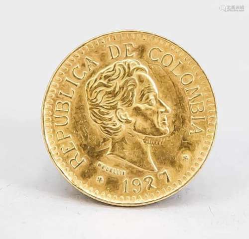 Goldmünze Kolumbien 1927, Republica de Colombia, dos Pesos y medio, D. ca 2 cm