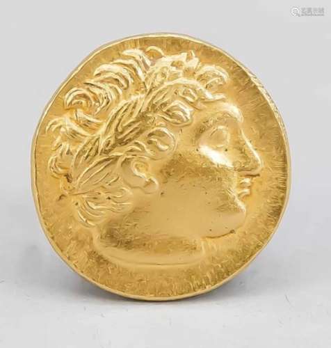 Antike Goldmünze, Griechenland. Recto Portraitbüste im Profil mit Lorbeerkranz, versoStreitwagen und