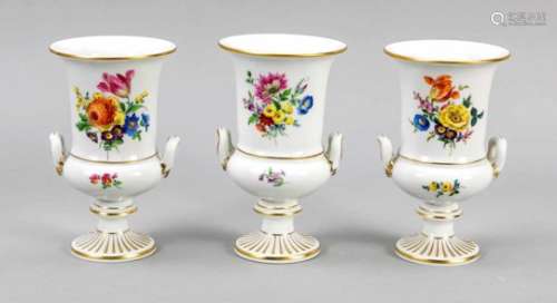 Three crater vases, Meissen, 1970s, 1st quality, urn shape with side handles, on a roundbase,