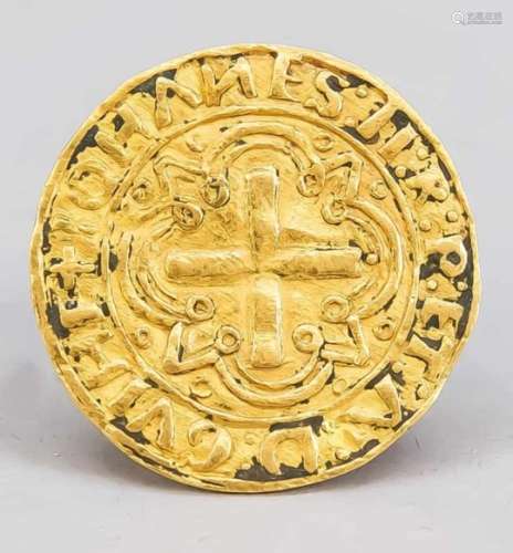 Goldgulden, wohl 15. Jh., recto Kreuz im Vierpass, verso Wappen. D. 2,1 cm