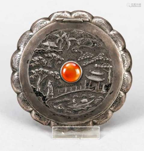 Round powder box, China, around 1900, silver tested, flower shape, lid with rich reliefdecor,