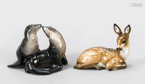 Two animal figures, a pair of sea lions, Rosenthal, Selb, mark 1934-56, designed by