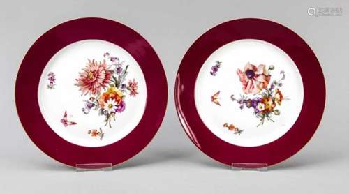 Two plates, KPM Berlin, stamps before 1945, 1st quality, shape antique smooth, polychromeflower