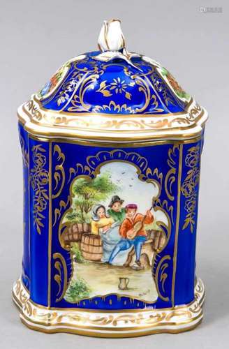 Biscuit lid jar, Potschappel, Dresden, 20th century, baroque shape, two reserves withpolychrome