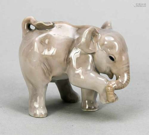 Young elephant, Royal Copenhagen, 20th century, model no. 3005, naturalistic painting, L.5