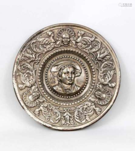 Relief plate in the Renaissance style, late 19th century, cast iron, silver-colored, flatplate on
